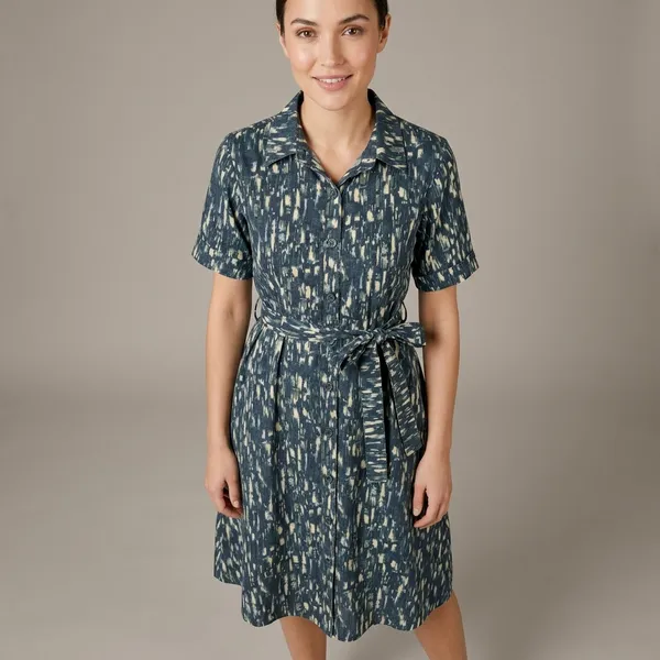 Blue_Ikat_Print_Rayon_Cotton_Belted_Shirt_Dress_For_Women