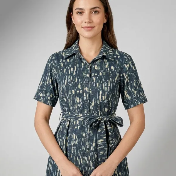 Blue_Ikat_Print_Rayon_Cotton_Belted_Shirt_Dress_For_Women
