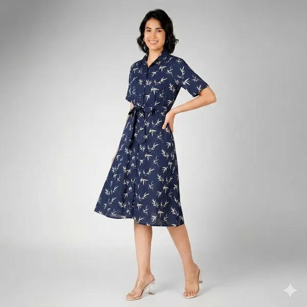 Navy_Blue_Floral_Print_Rayon_Cotton_Shirt_Dress_For_Women