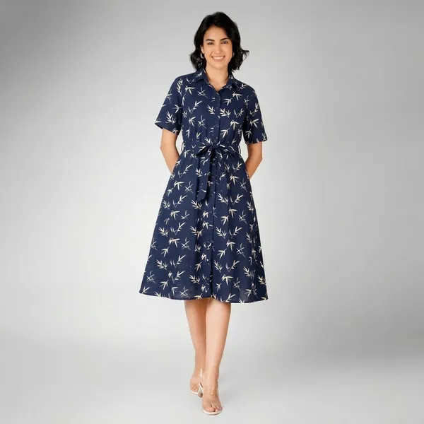 Navy_Blue_Floral_Print_Rayon_Cotton_Shirt_Dress_For_Women