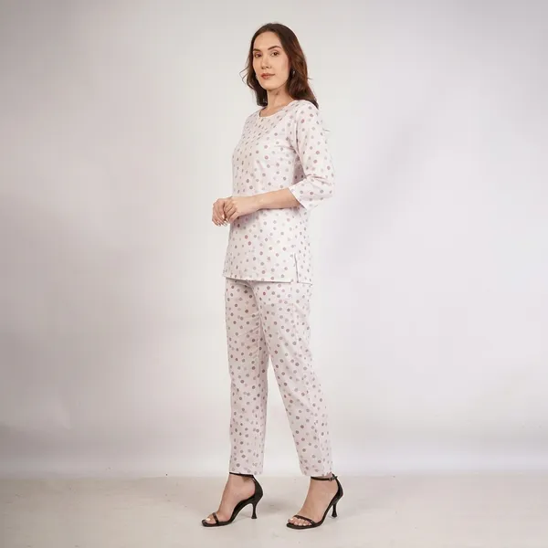 White_Polka_Dot_Rayon_Cotton_Relaxed_Night_Suit_For_Women
