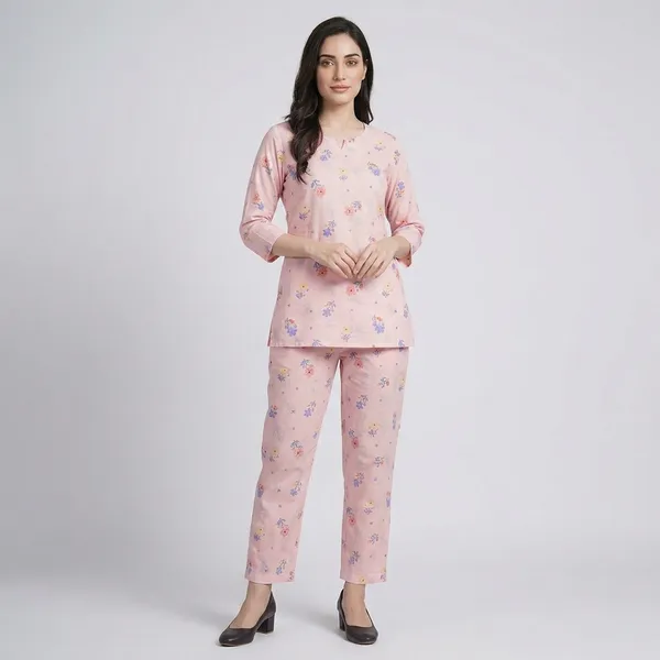 Pink_Floral_Print_Rayon_Cotton_Night_Suit_For_Women