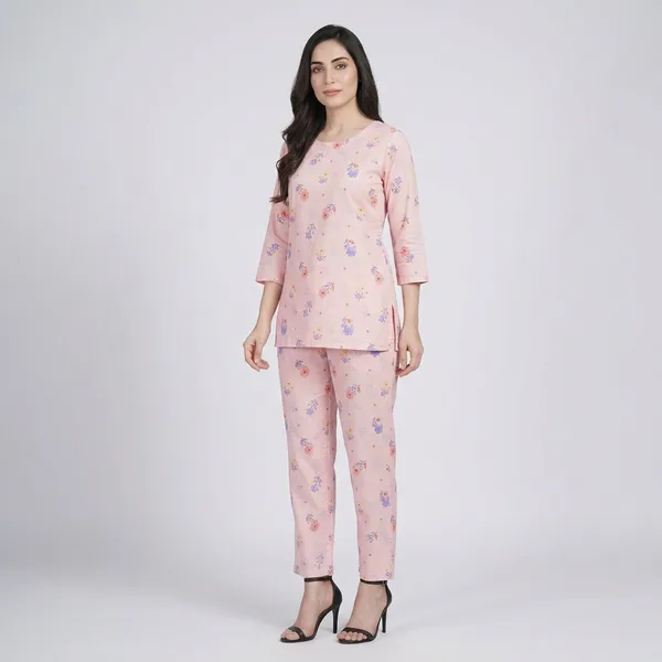 Pink_Floral_Print_Rayon_Cotton_Night_Suit_For_Women
