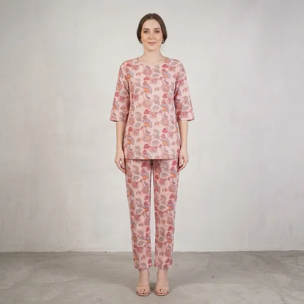 Pink_Floral_Print_Rayon_Cotton_Tunic_Night_Suit_For_Women