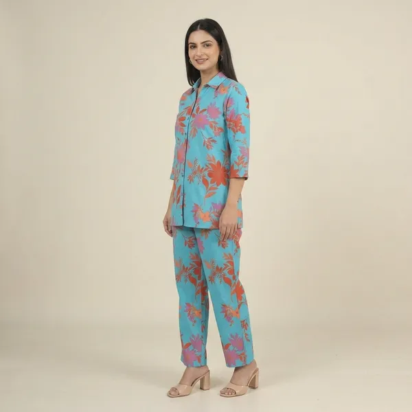 Blue_Floral_Print_Rayon_Cotton_Collared_Night_Suit_For_Women