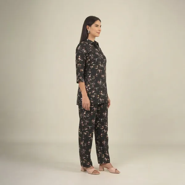 Black_Floral_Print_Rayon_Cotton_Shirt_Night_Suit_For_Women
