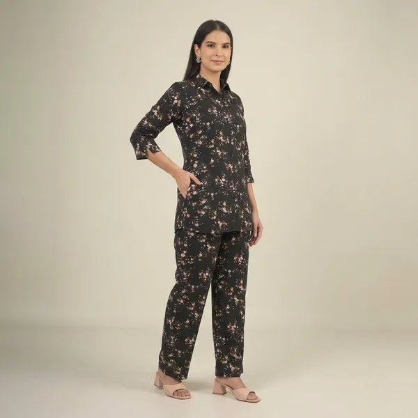 Black_Floral_Print_Rayon_Cotton_Shirt_Night_Suit_For_Women