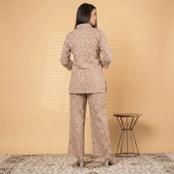 Beige_Floral_Print_Rayon_Cotton_Shirt_Night_Suit_For_Women