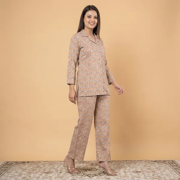 Beige_Floral_Print_Rayon_Cotton_Shirt_Night_Suit_For_Women