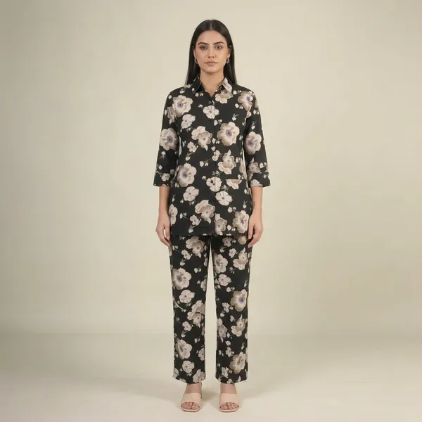 Black_Floral_Print_Rayon_Cotton_Shirt_Co-Ord_Set_For_Women