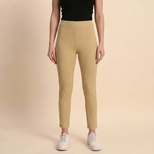 Beige_Cotton_Lycra_High_Waist_Ankle_Length_Leggings_For_Women