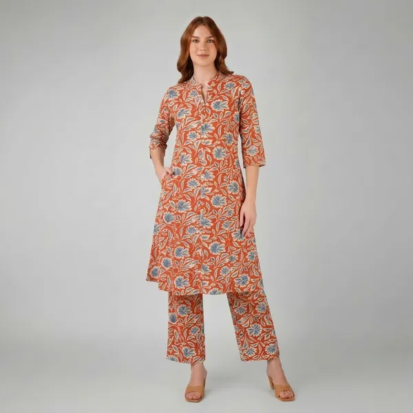 Orange_Floral_Rayon_Cotton_Straight_Kurta_Set_For_Women