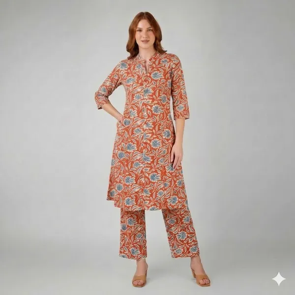 Orange_Floral_Rayon_Cotton_Straight_Kurta_Set_For_Women
