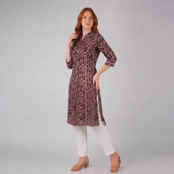 Black_And_Pink_Floral_Rayon_Cotton_Straight_Kurti_For_Women