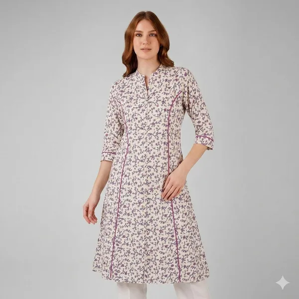 White_And_Purple_Floral_Rayon_Cotton_A-Line_Kurta_For_Women
