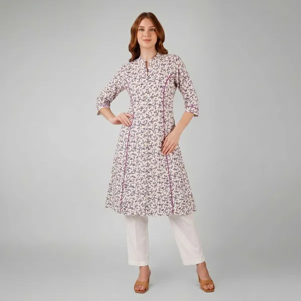 White_And_Purple_Floral_Rayon_Cotton_A-Line_Kurta_For_Women