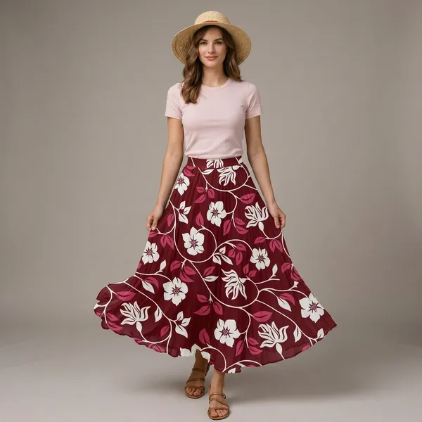 Maroon_Floral_Rayon_Cotton_A-Line_Maxi_Skirt_For_Women