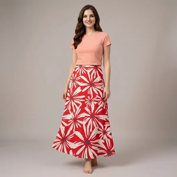 Red_And_White_Floral_Rayon_Cotton_A-Line_Maxi_Skirt_For_Women