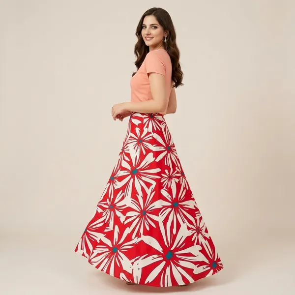 Red_And_White_Floral_Rayon_Cotton_A-Line_Maxi_Skirt_For_Women