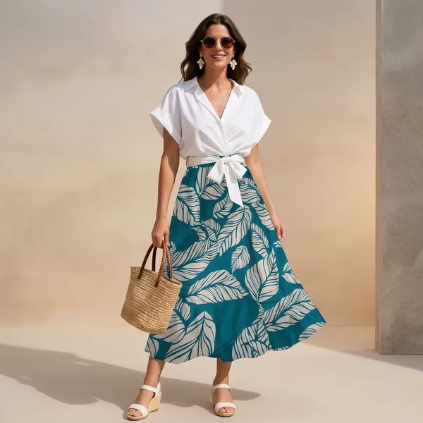White_&_Teal_Rayon_Cotton_Wrap_Top_Midi_Skirt_Set_For_Women