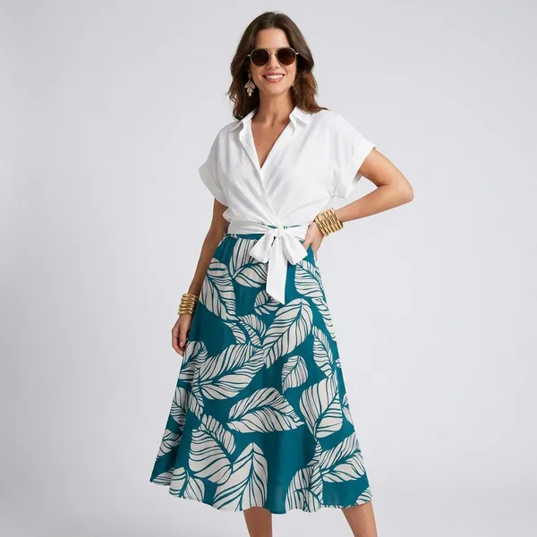 White_&_Teal_Rayon_Cotton_Wrap_Top_Midi_Skirt_Set_For_Women