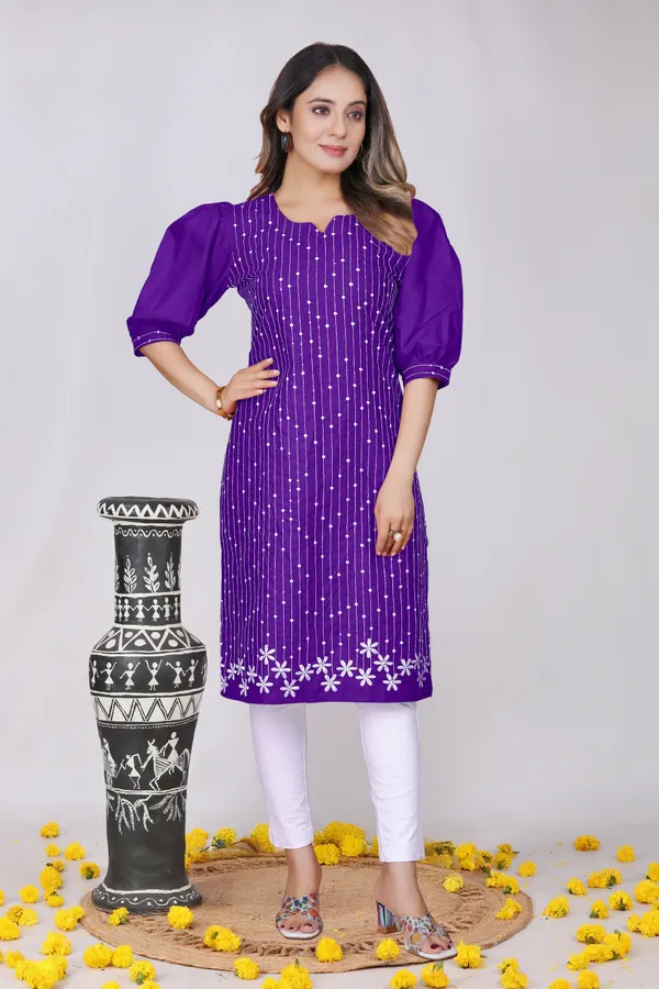 Purple_Cotton_A-Line_Puff_Sleeve_Embroidered_Kurti_For_Women