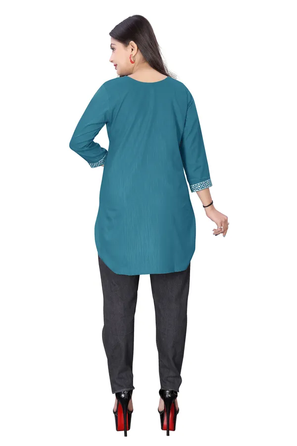 Teal_Blue_Cotton_Straight_Embroidered_Kurti_For_Women