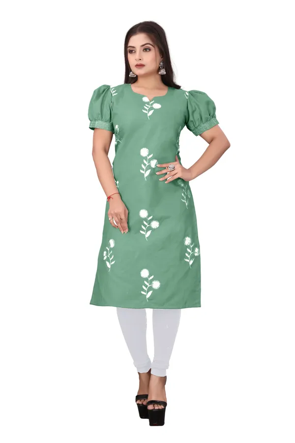 Green_Cotton_Puff_Sleeve_Floral_Embroidered_Kurta_For_Women