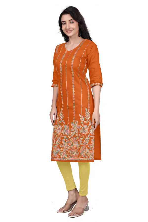 Orange_Cotton_Straight_Embroidered_Kurta_For_Women