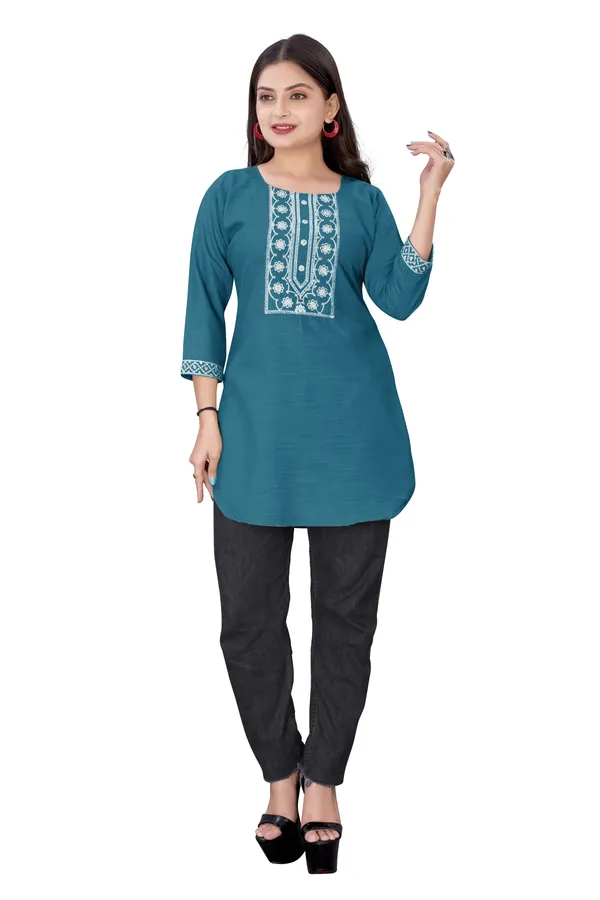 Teal_Blue_Cotton_Straight_Embroidered_Kurti_For_Women