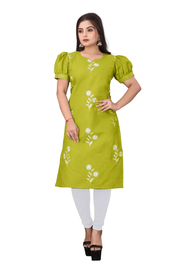 Green_Cotton_Straight_Floral_Embroidered_Puff_Sleeve_Kurti_For_Women