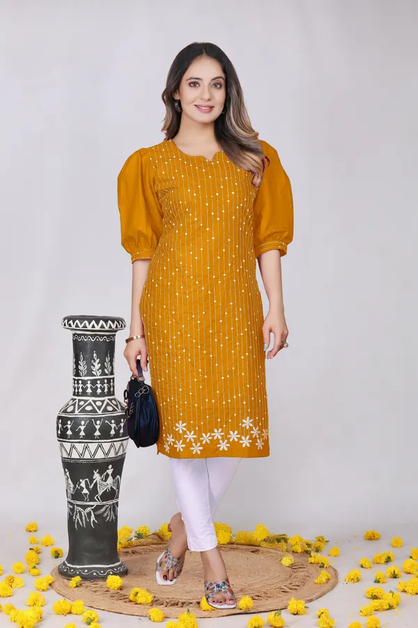 Mustard_Cotton_Puff_Sleeve_Embroidered_Kurta_For_Women