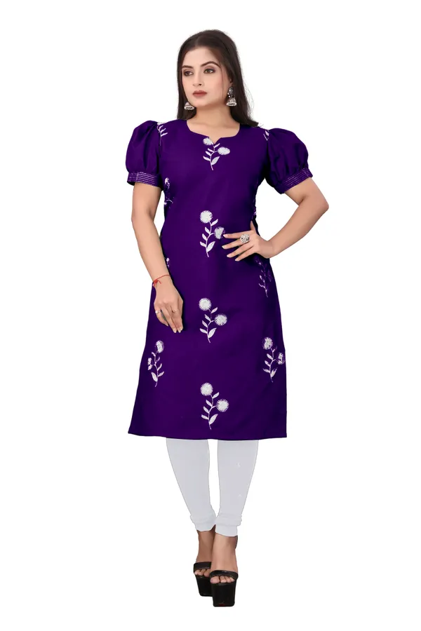 Purple_Cotton_Puff_Sleeve_Floral_Embroidered_Kurti_For_Women