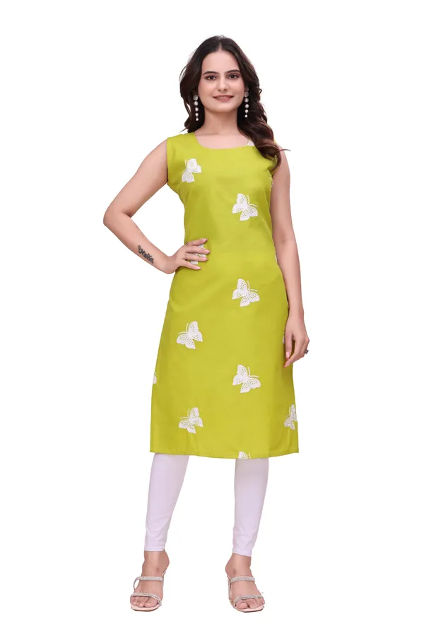 Lime_Green_Cotton_Sleeveless_Butterfly_Embroidered_Kurti_For_Women