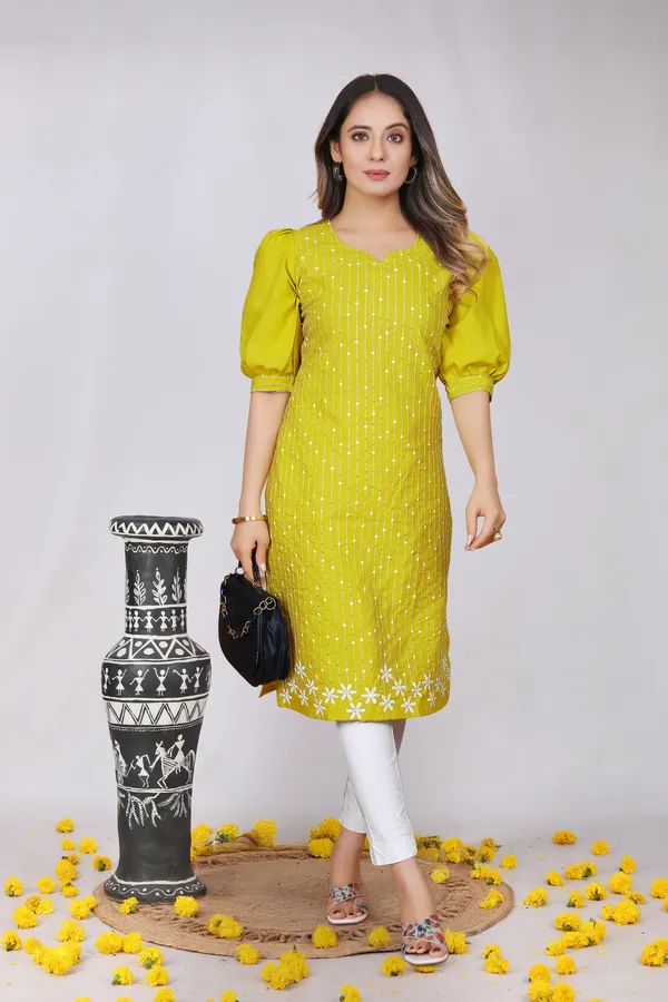 Yellow_Cotton_Puff_Sleeve_Floral_Embroidered_Kurti_For_Women