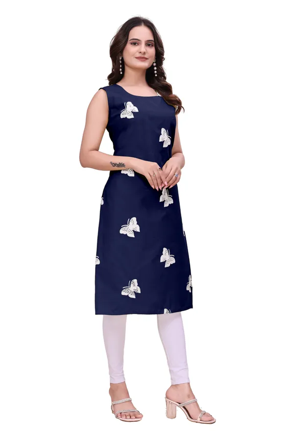 Navy_Blue_Cotton_Sleeveless_A-Line_Butterfly_Embellished_Kurti_For_Women