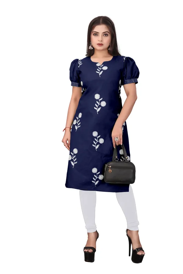 Navy_Blue_Cotton_Puff_Sleeve_Floral_Embroidered_Kurti_For_Women