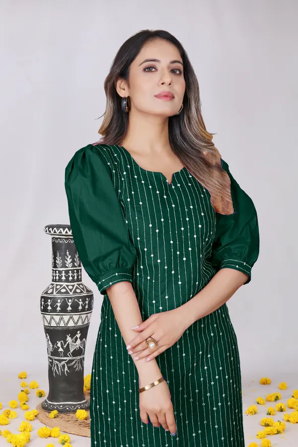 Dark_Green_Cotton_Straight_Striped_Embroidered_Kurti_For_Women