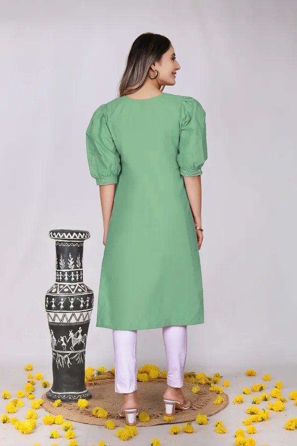 Green_Cotton_Puff_Sleeve_Embroidered_Kurta_For_Women