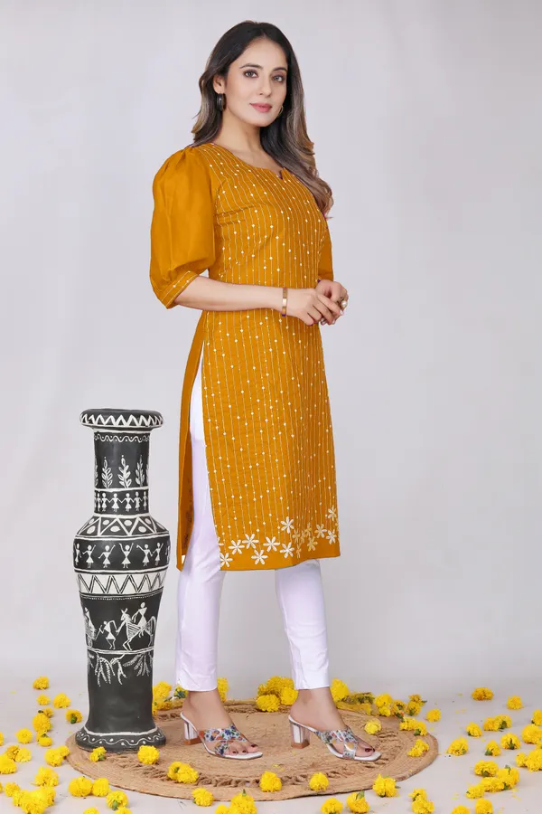 Mustard_Cotton_Puff_Sleeve_Embroidered_Kurta_For_Women