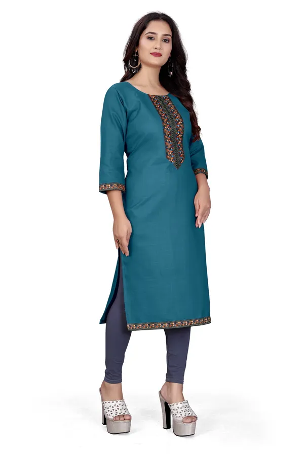 Teal_Blue_Cotton_Straight_Fit_Embroidered_Kurti_For_Women