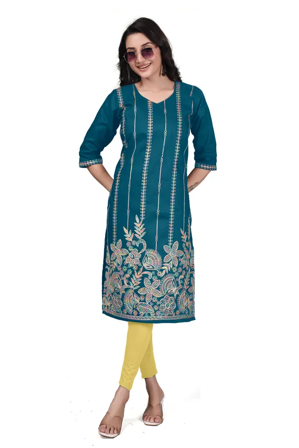 Teal_Blue_Cotton_Straight_Embroidered_Kurta_For_Women