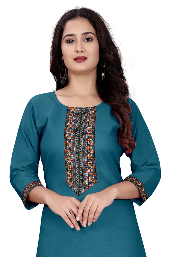 Teal_Blue_Cotton_Straight_Fit_Embroidered_Kurti_For_Women
