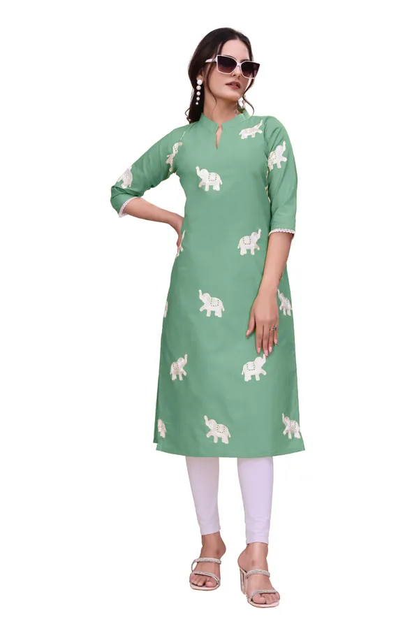 Green_Cotton_Relaxed_Elephant_Print_Kurta_For_Women
