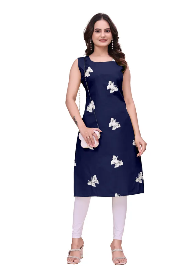 Navy_Blue_Cotton_Sleeveless_A-Line_Butterfly_Embellished_Kurti_For_Women