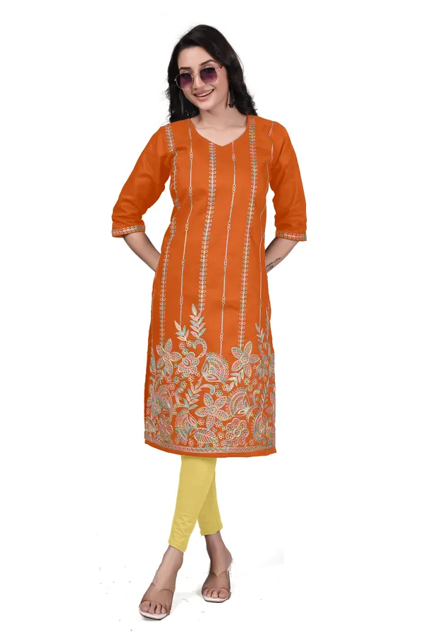 Orange_Cotton_Straight_Embroidered_Kurta_For_Women