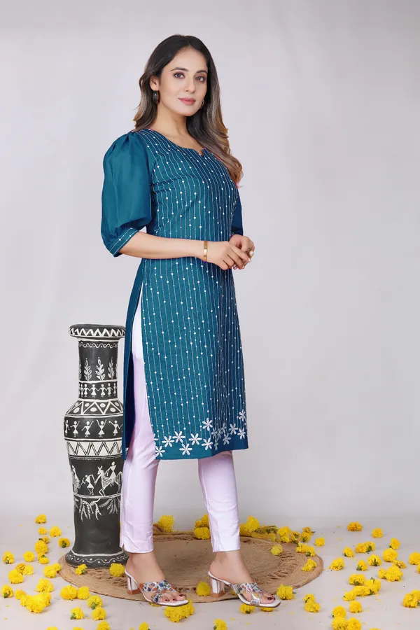 Teal_Blue_Cotton_Striped_Embroidered_Puff_Sleeve_Kurta_For_Women