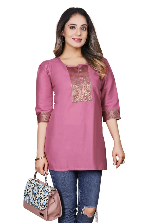 Pink_Cotton_Straight_Brocade_Detail_Short_Kurti_For_Women