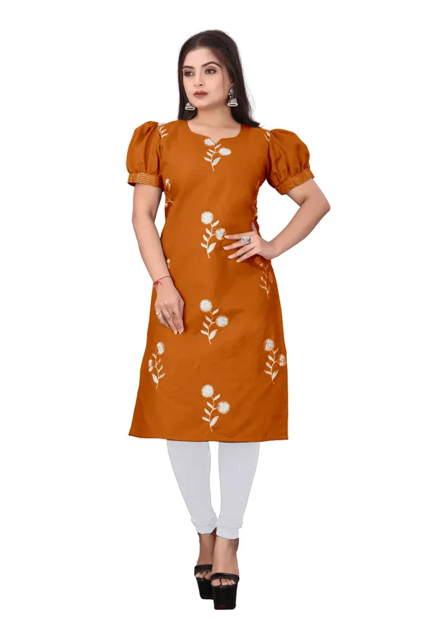 Orange_Cotton_Puff_Sleeve_Floral_Embroidered_Kurti_For_Women