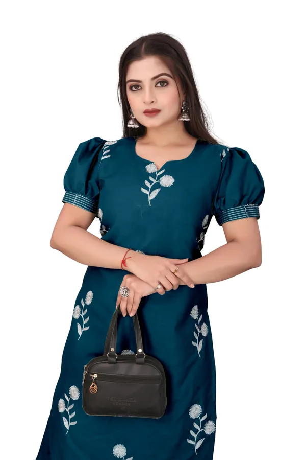 Teal_Cotton_Puff_Sleeve_Floral_Embroidered_Kurti_For_Women